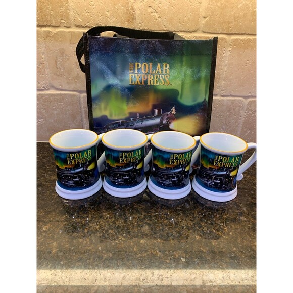 Polar Express Mugs (4) with Matching Bag NEW - Picture 2 of 6